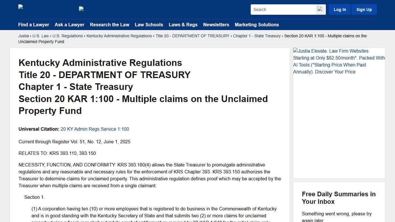 Kentucky Administrative Regulations, Chapter 1, Section 20 KAR 1:100 - Multiple claims on the Unclaimed Property Fund Kentucky Administrative Regulations Justia